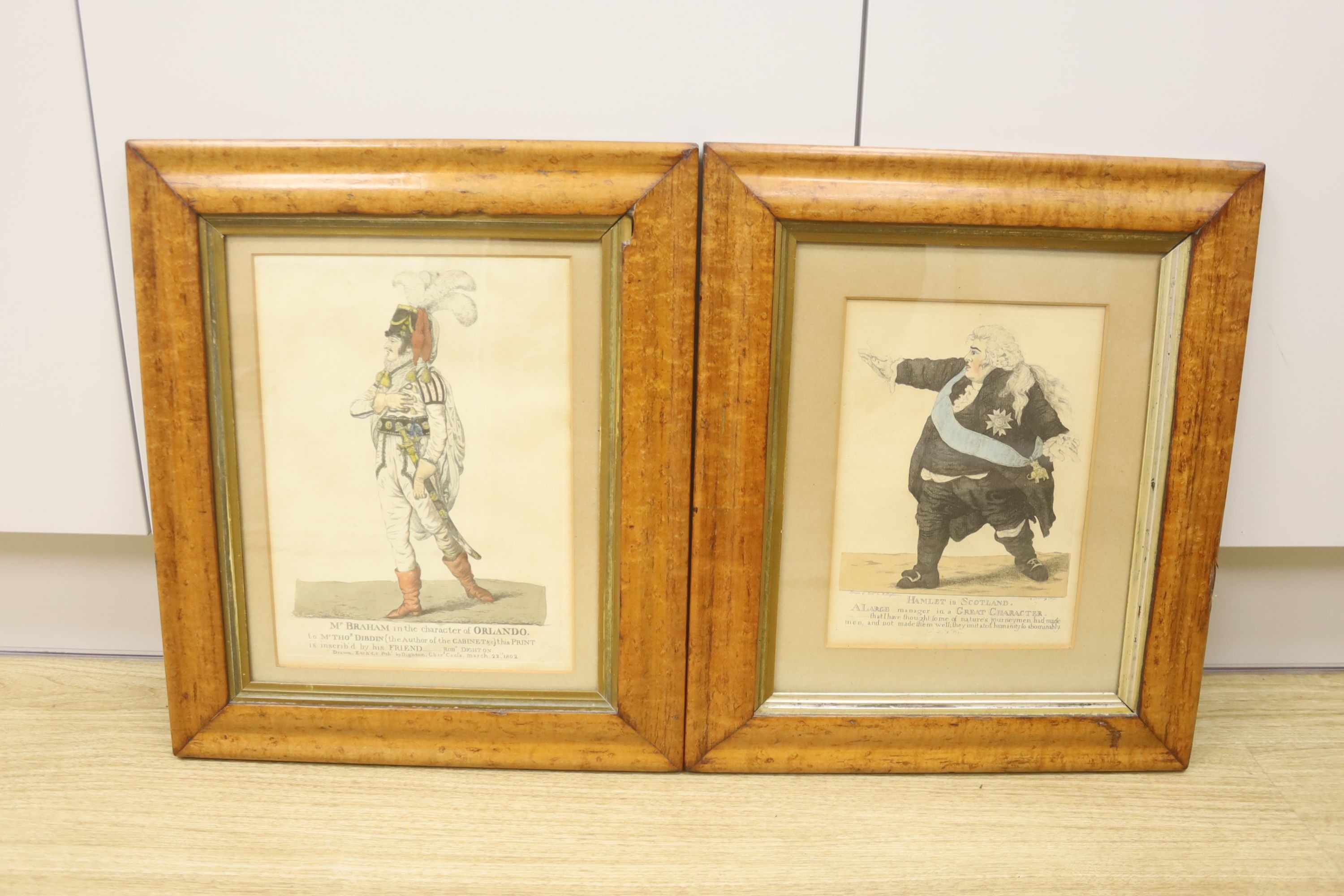 A pair of Georgian theatrical prints, Hamlet and Orlando, hand coloured detail, bird's eye maple frames